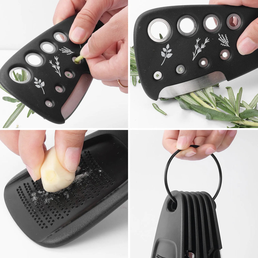 Six kitchen gadgets with brush in stacking configuration showing stainless steel and plastic components