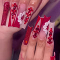 Sweet flowers and red diamond pattern on long European square removable false nails with glue and file.