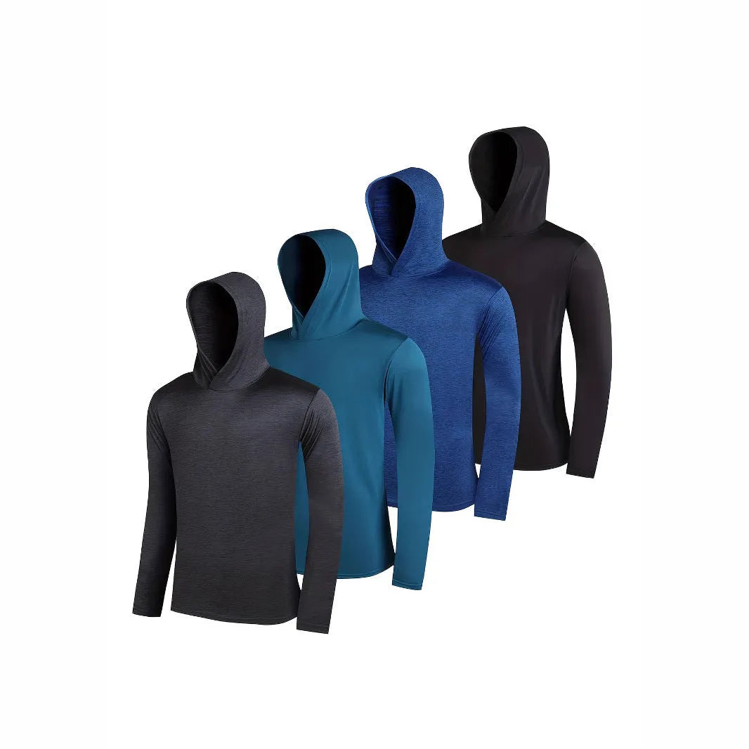 Four men's lightweight polyester hoodies bundled together, shown in assorted colours with hooded and non-hooded style options.