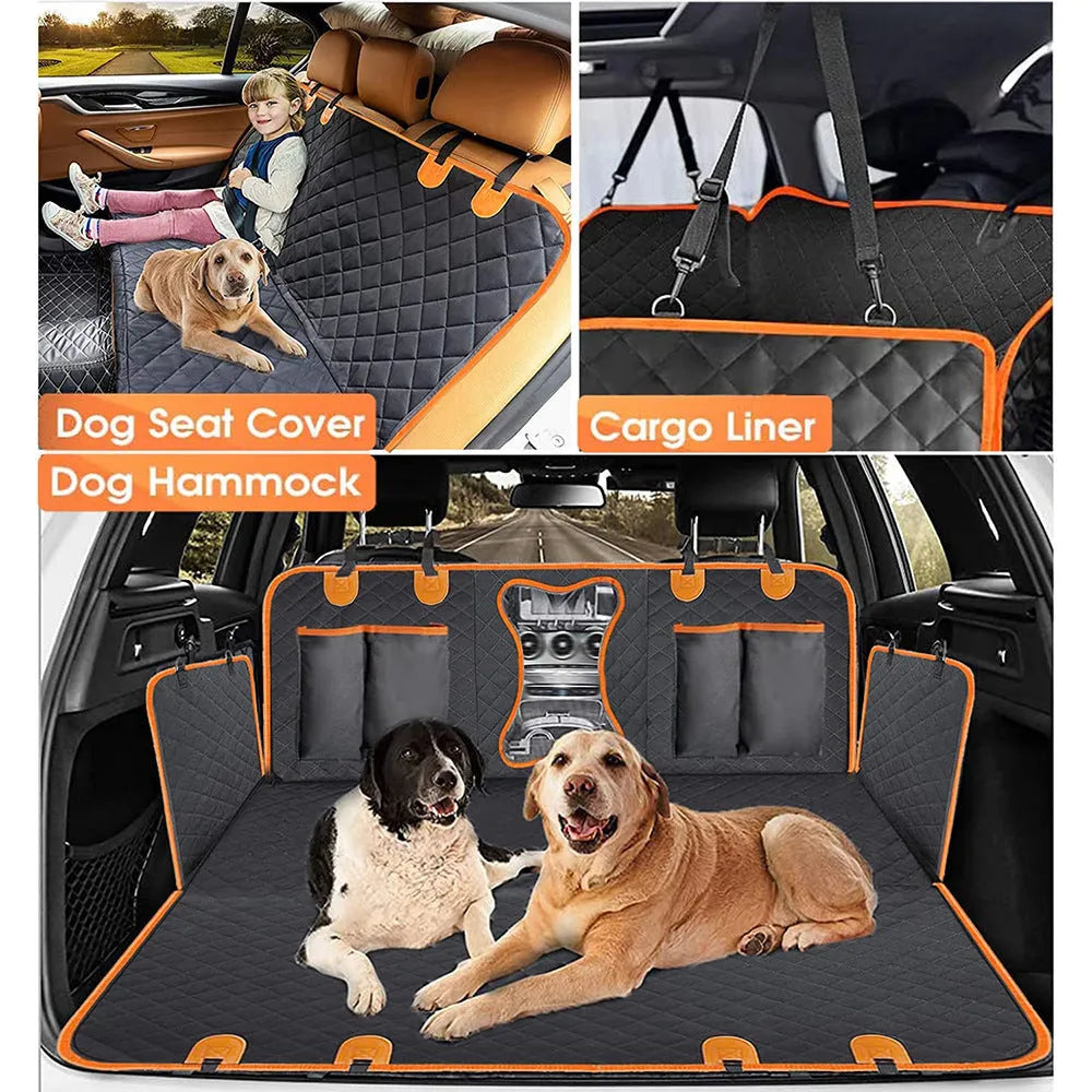 Black orange edge waterproof pet car mat with mesh window and accessory pocket