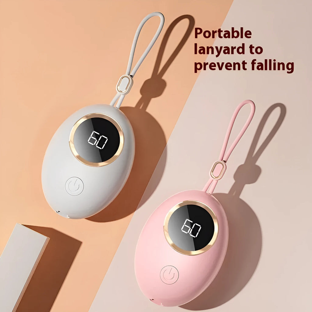 USB digital display hand warmer power bank in pink, showing aluminium heat dissipation design.