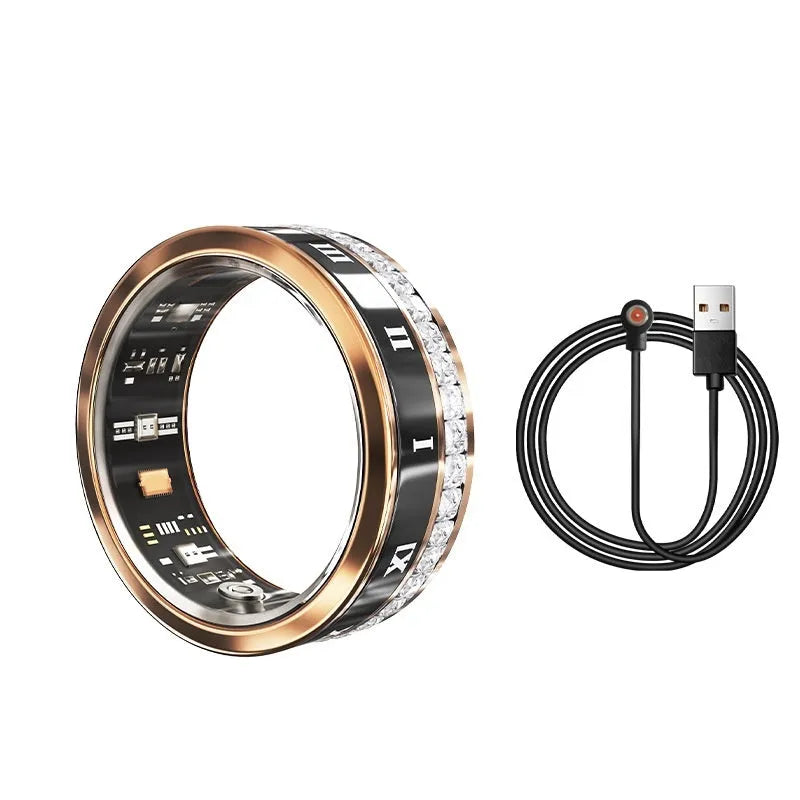 Diamond inlaid smart ring showing health monitoring features on finger
