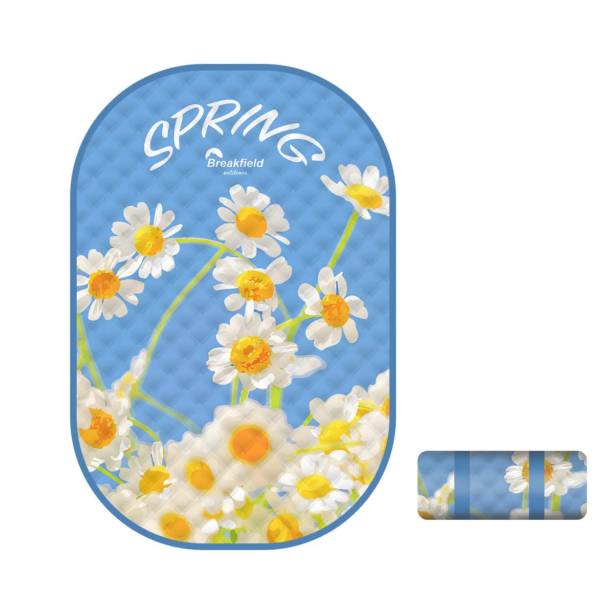Waterproof picnic mat in brushed fabric showing two size options for 4-8 people outdoor use