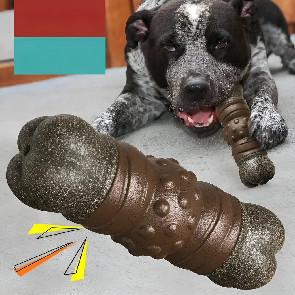 Wood colour plastic dog dental toy shaped like a bone with textured cleaning surfaces