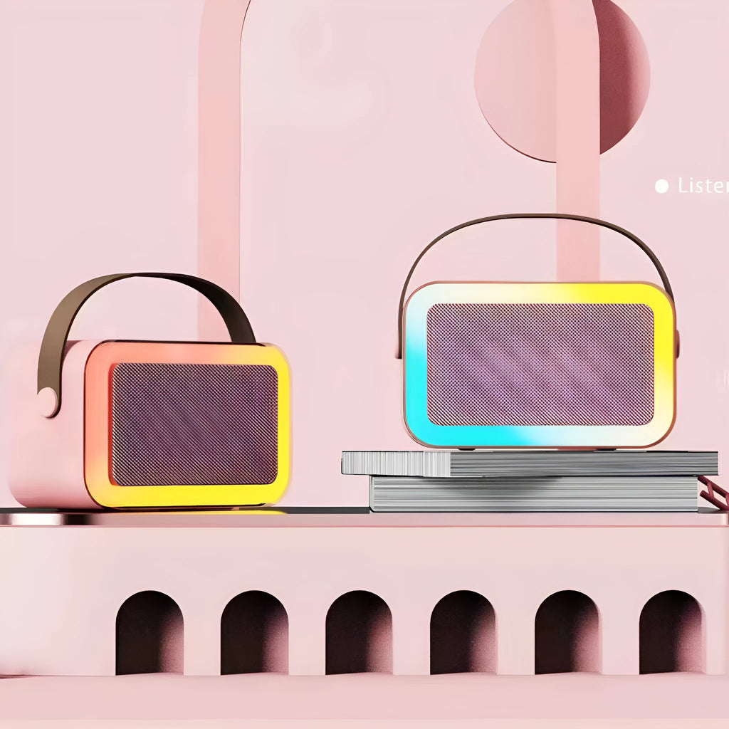 Portable Bluetooth karaoke speaker microphone with coloured lights in pink, sky blue, or white colour options