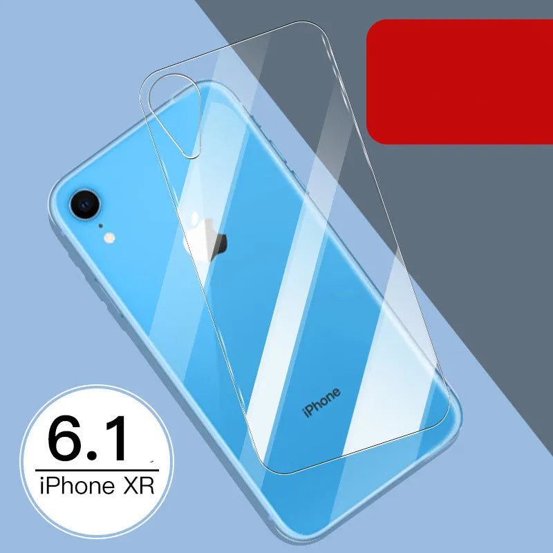 Apple iPhone tempered glass screen protector film for front and rear protection.