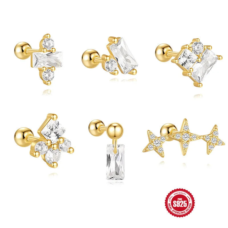 Close-up of S925 sterling silver stud earrings with a square gravel flower design in a gold-tone finish.