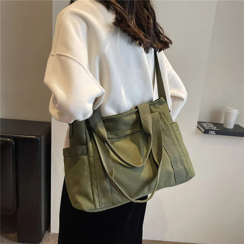 Large capacity polyester canvas shoulder tote bag with sandwich pocket and internal mobile phone compartment