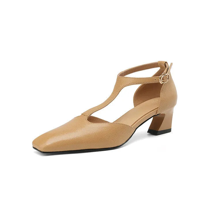 Wine red women's square toe chunky heel shoes with a buckle closure, made from sheepskin leather.