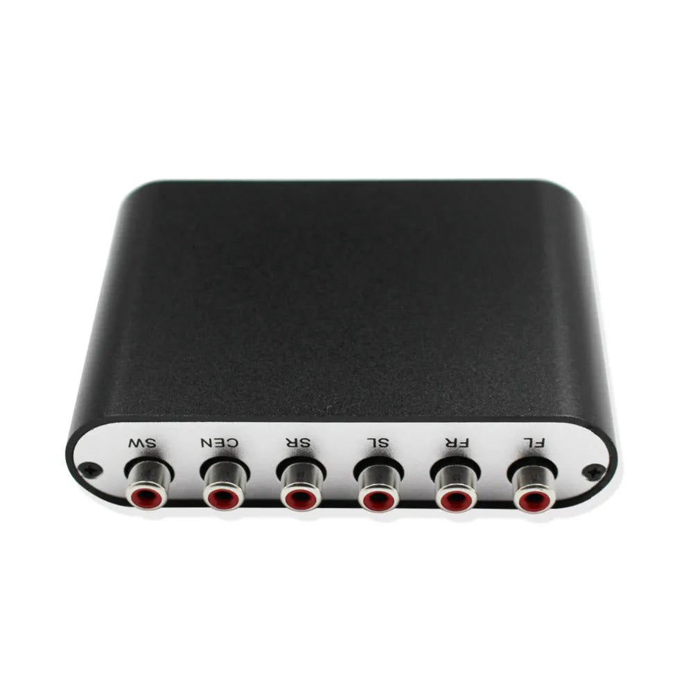 Black DTS Dolby AC-3 audio decoder unit with optical, coaxial, and stereo inputs and 5.1 channel analogue outputs.