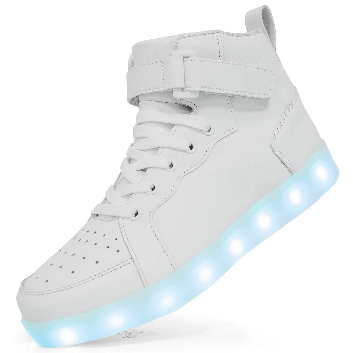 LED light-up high-top board shoes in black, gold, or white with Velcro straps and rubber sole.
