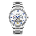 Men's stainless steel mechanical business watch with hollow movement visible through transparent case back