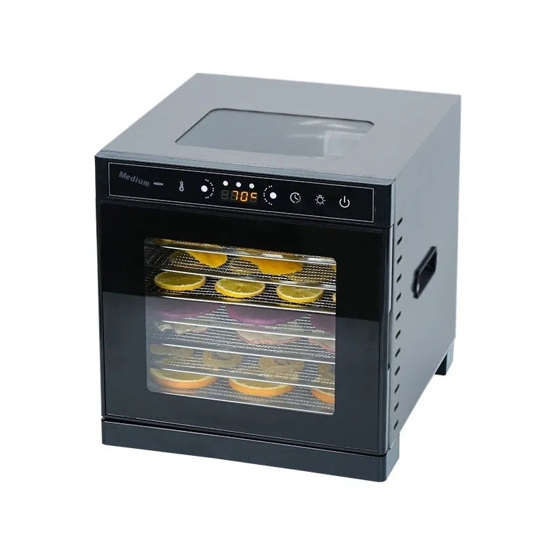 Stainless steel food dehydrator with visual skylight lid, shown with 6 stacking trays.