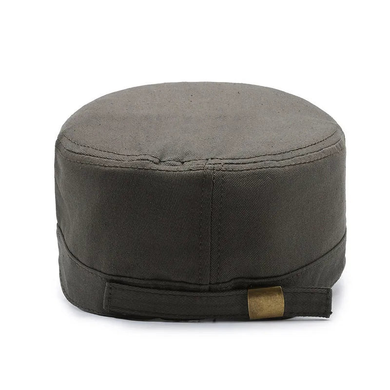 Cotton adjustable flat-top peaked cap for men in multiple colours with English letter detail.