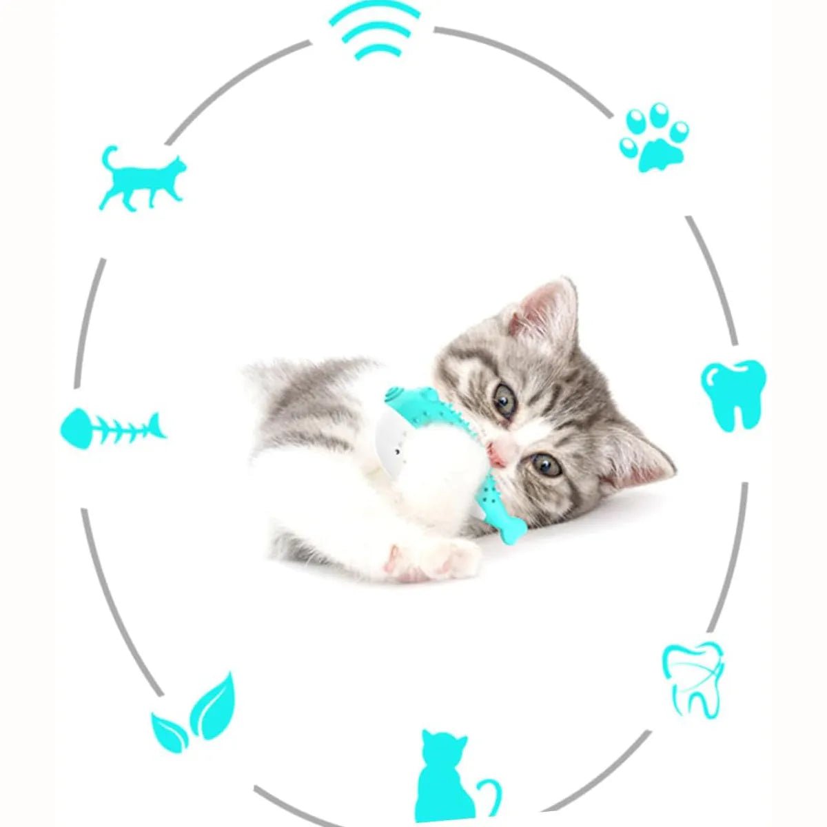 Blue silicone fish-shaped chew toy and teaser for cats on a white background.