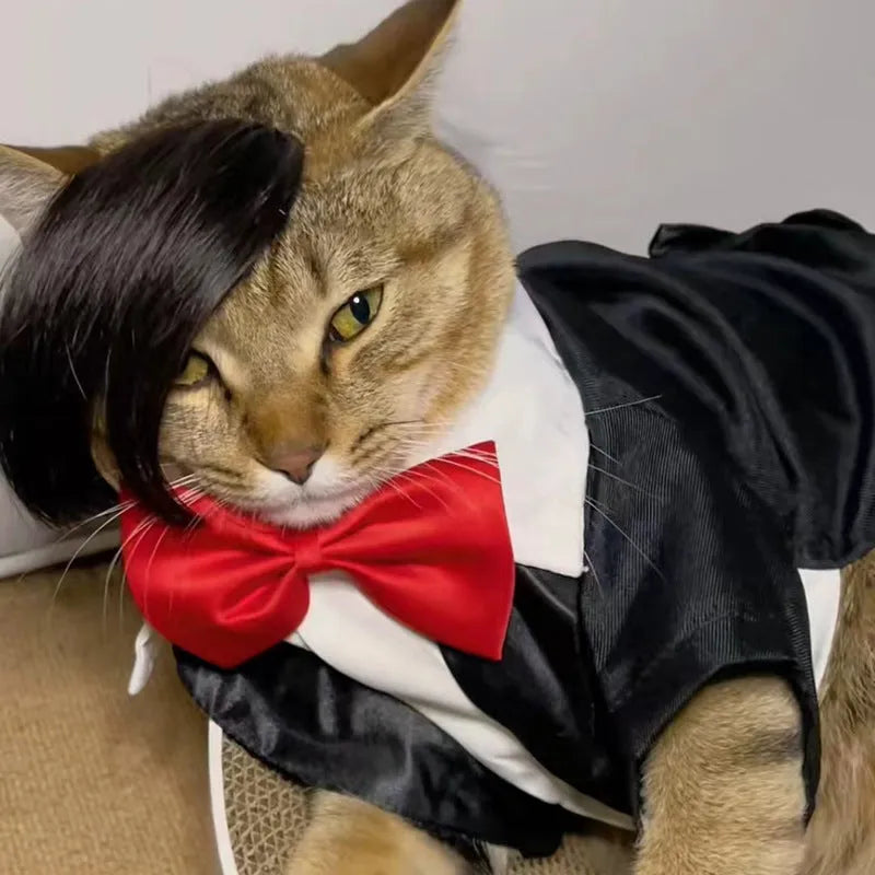 Black polyester cat wig with braided styling and elastic band for fox costume dress-up.