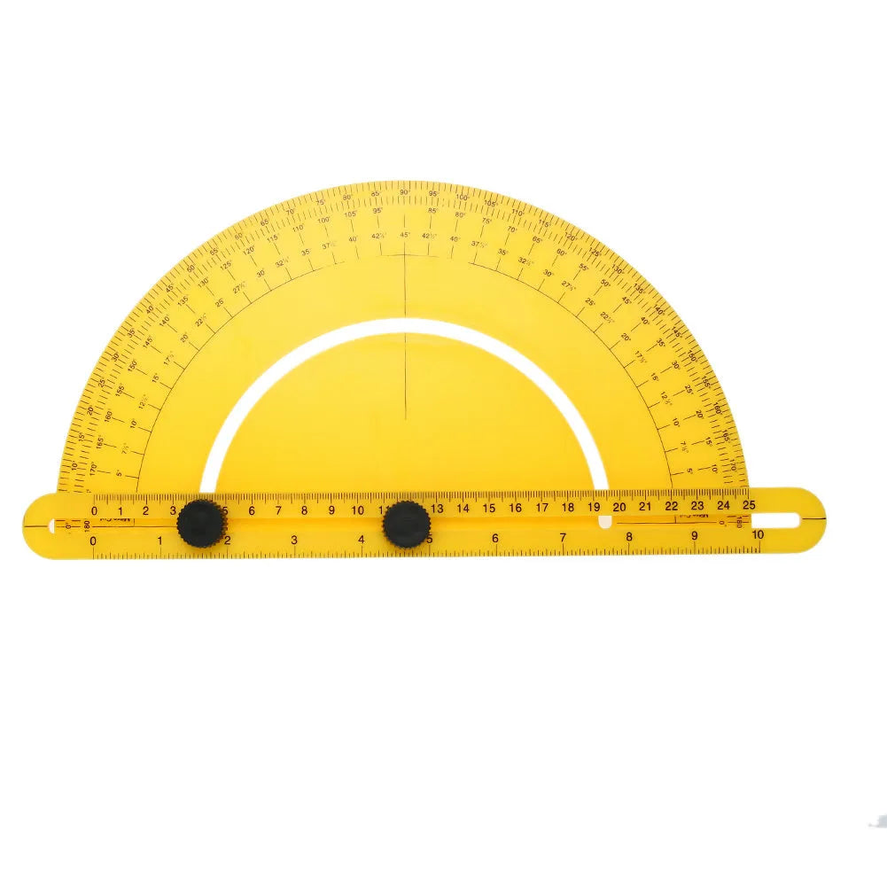 White plastic carpentry angle measuring tool with 180-degree scale and measuring arm on a wooden surface.