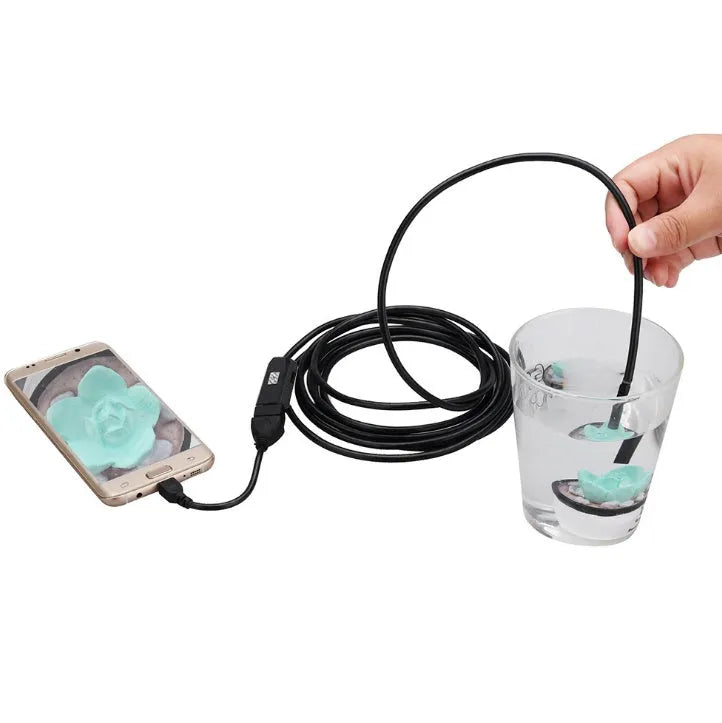 OWSOO USB endoscope camera with 7mm lens, 5m cable, magnet, hook and side audition tools on a white background.