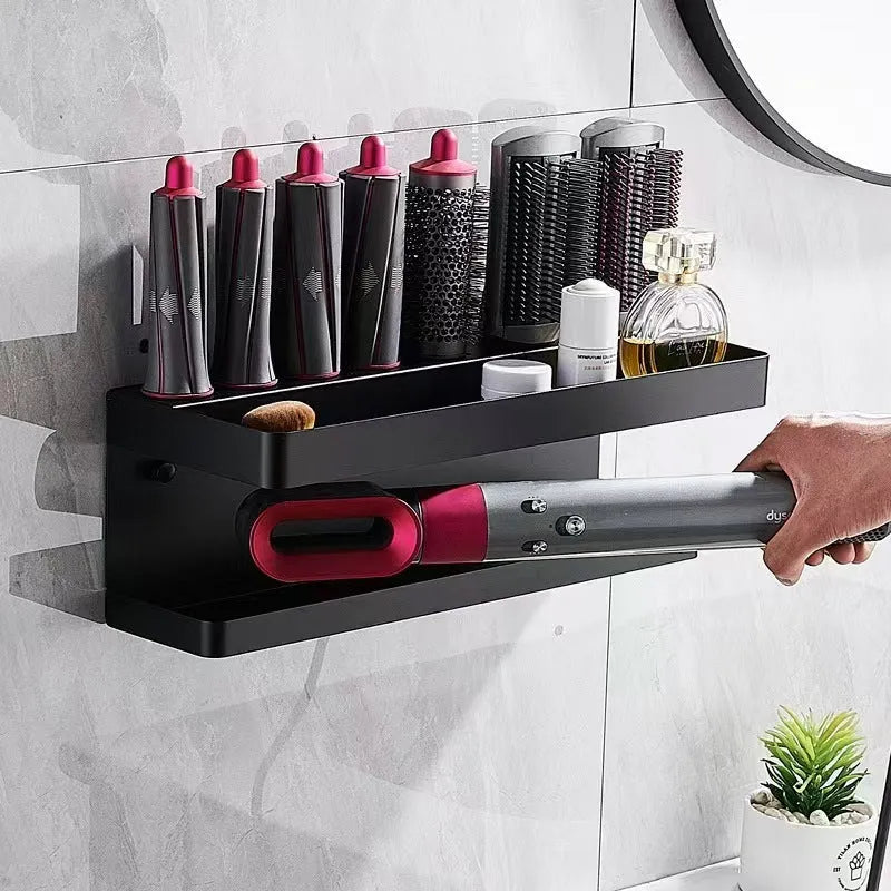 White double-layer aluminium punch-free storage rack holding Marcel Wavers on a bathroom wall.