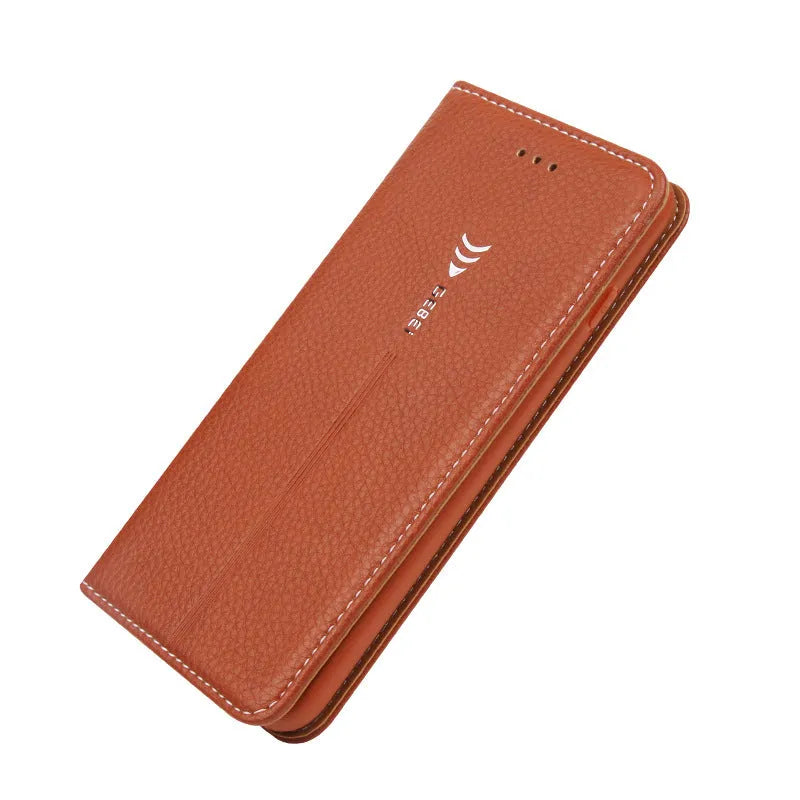 Imported PU leather wallet case for iPhone in black, blue, brown, khaki, or pink with card slot.