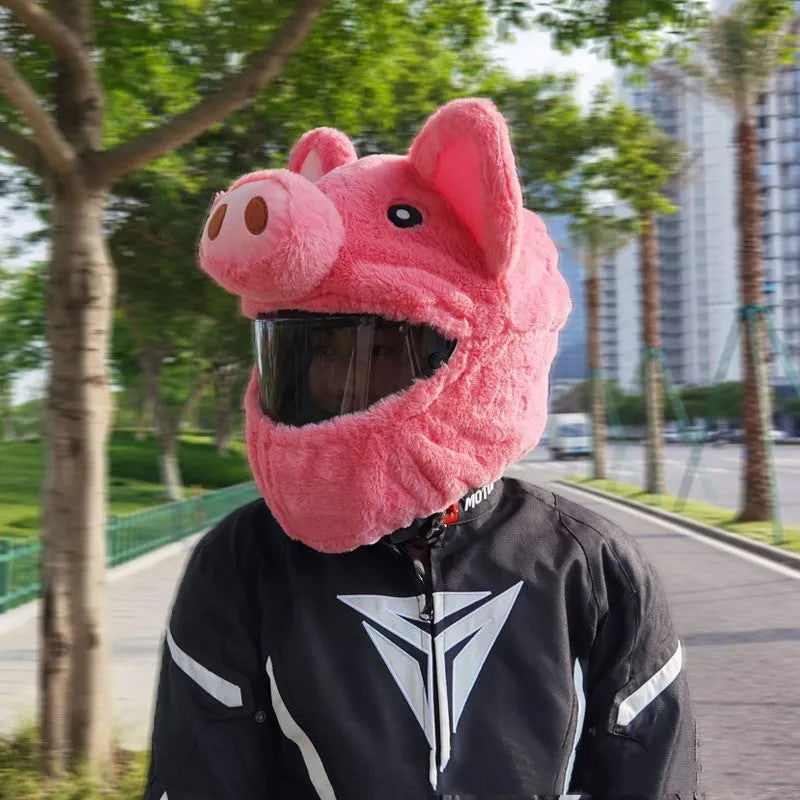 Pink pig cartoon design plush protective hood for motorcycle helmet storage