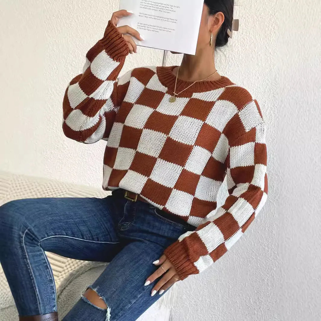 Dark brown plaid loose round neck pullover sweater with long sleeves
