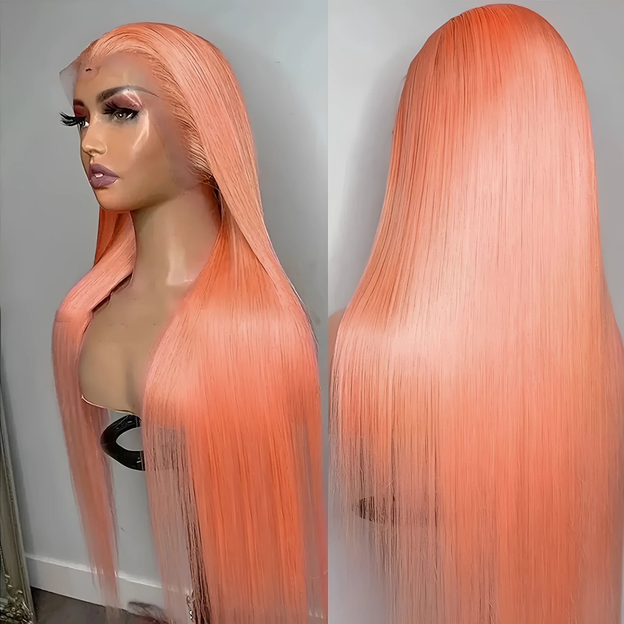 Light orange long straight synthetic wig with front lace and side bangs