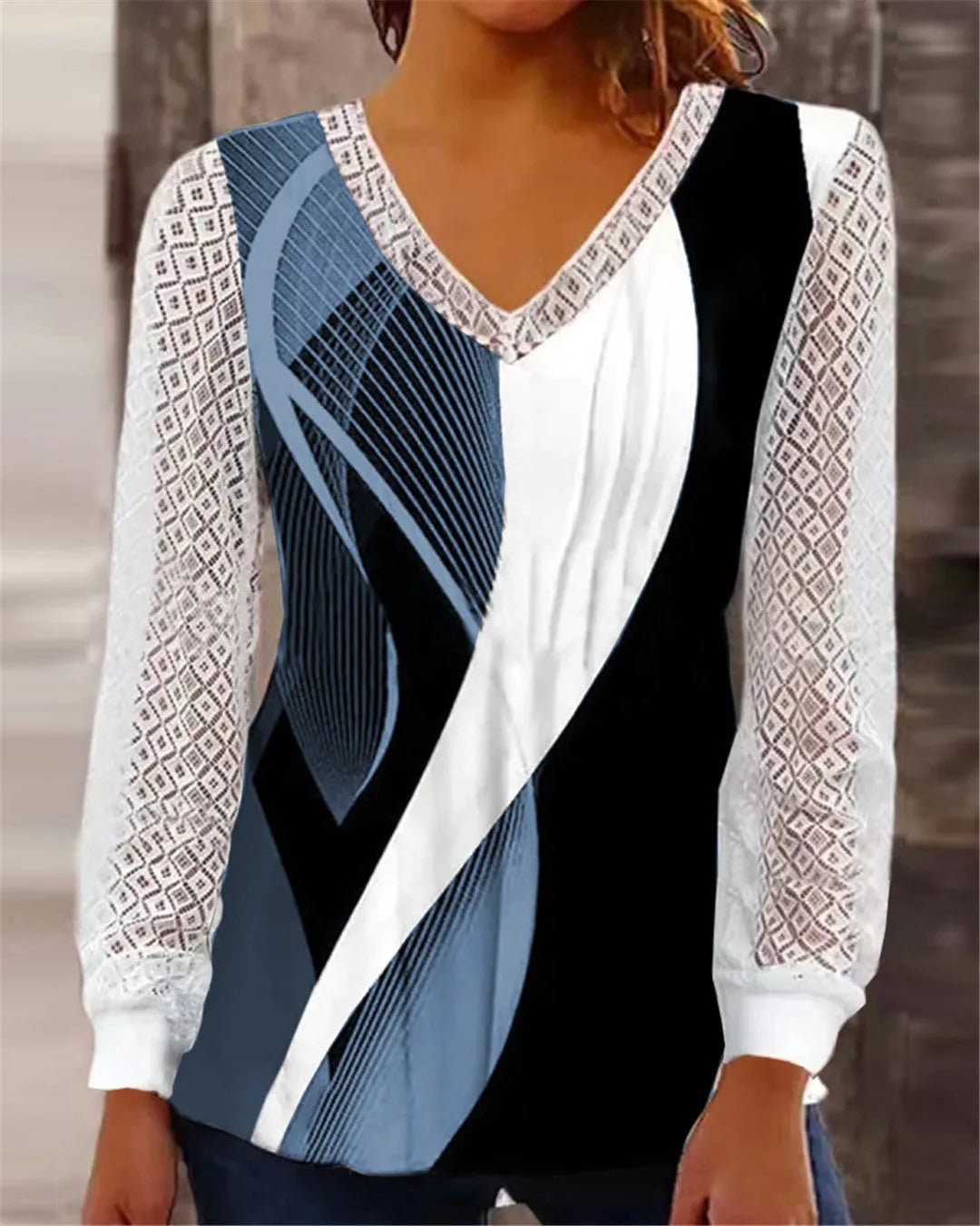 Women's V-neck lace top with hollow-out detailing in trueran polyester fabric