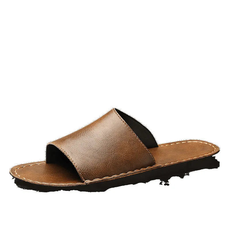 Men's brown and black leather casual sandals with rubber soles for summer outdoor wear.