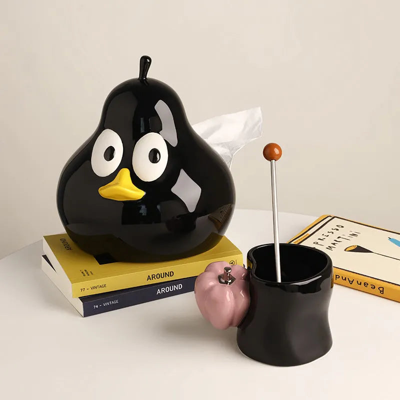 Cute pear-shaped ceramic tissue box in white porcelain with animal design, available in green or black colours