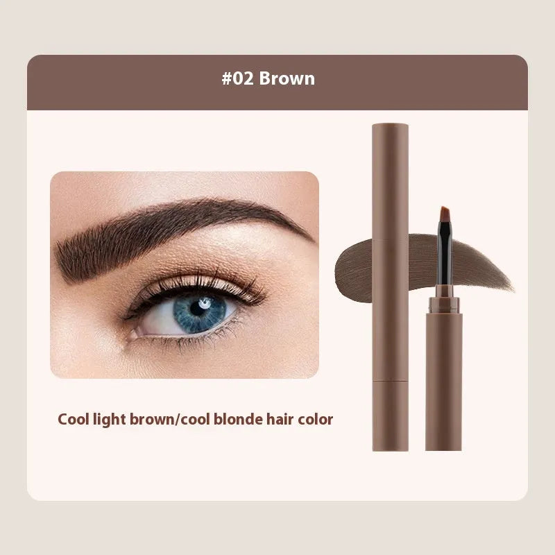 Double-headed eyebrow cream tube shown next to swatches of its five colours: reddish brown, brown, light brown, dark brown, and black.