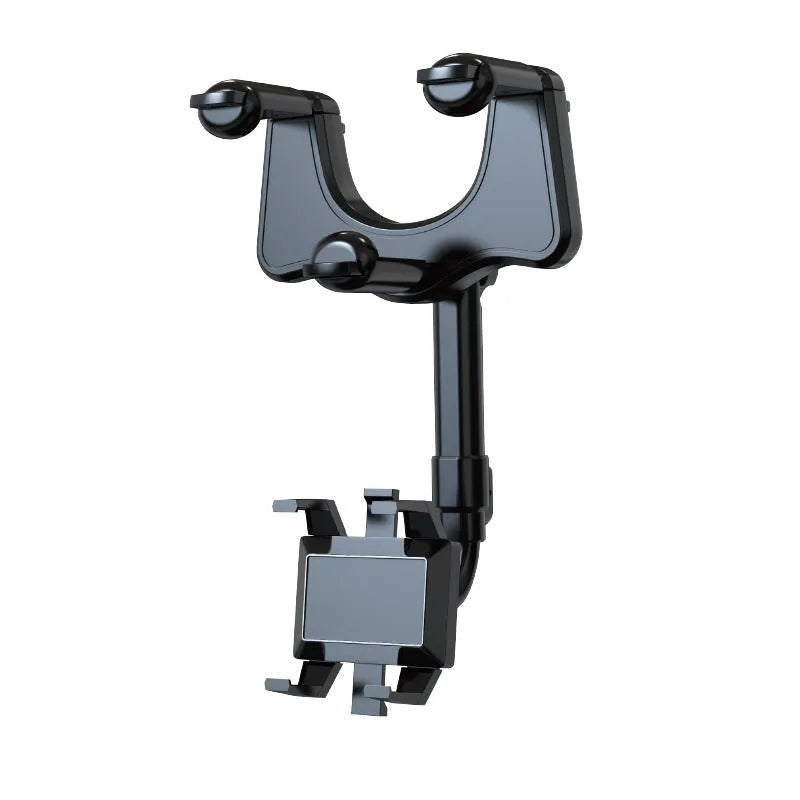 Black rearview mirror car phone holder showing 360-degree rotation and telescopic arm extension.