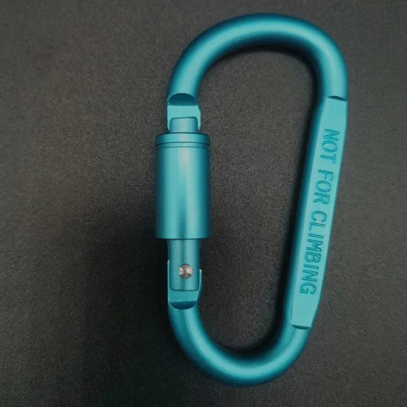D-type aluminium locking climbing carabiner with screwgate, shown in a bright colour on a grey background.