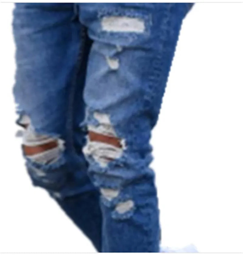 Deep blue hole jeans for men made from 100% cotton fabric showing classic denim styling