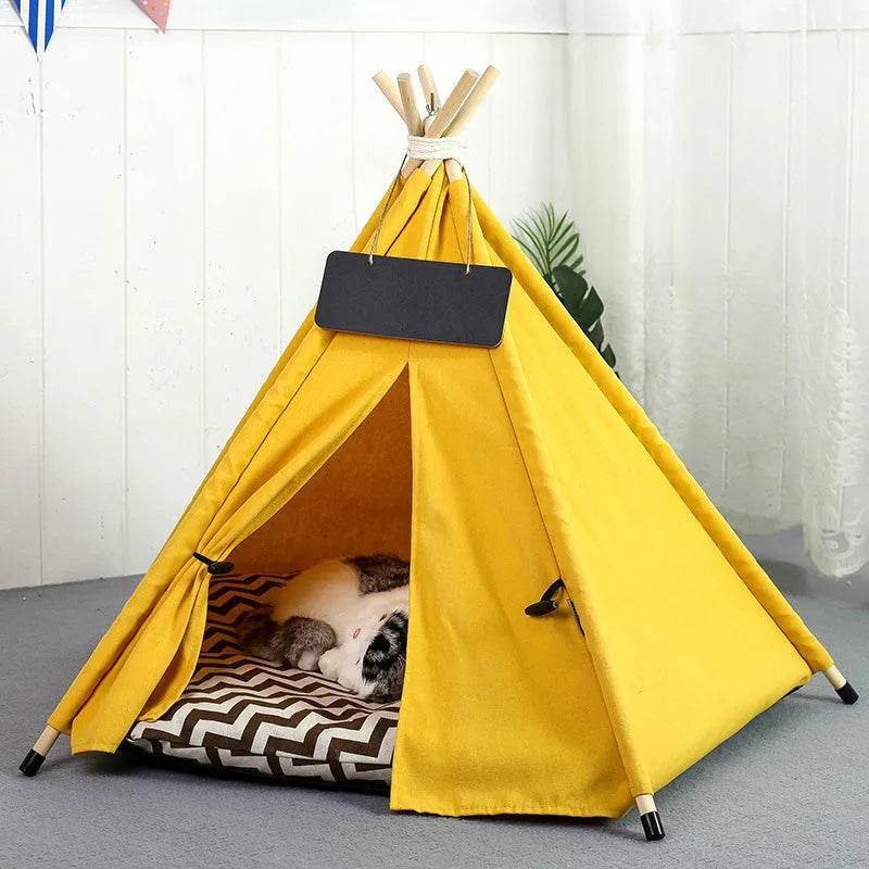 Striped flax and linen pet teepee tent with cushion for small dogs or cats