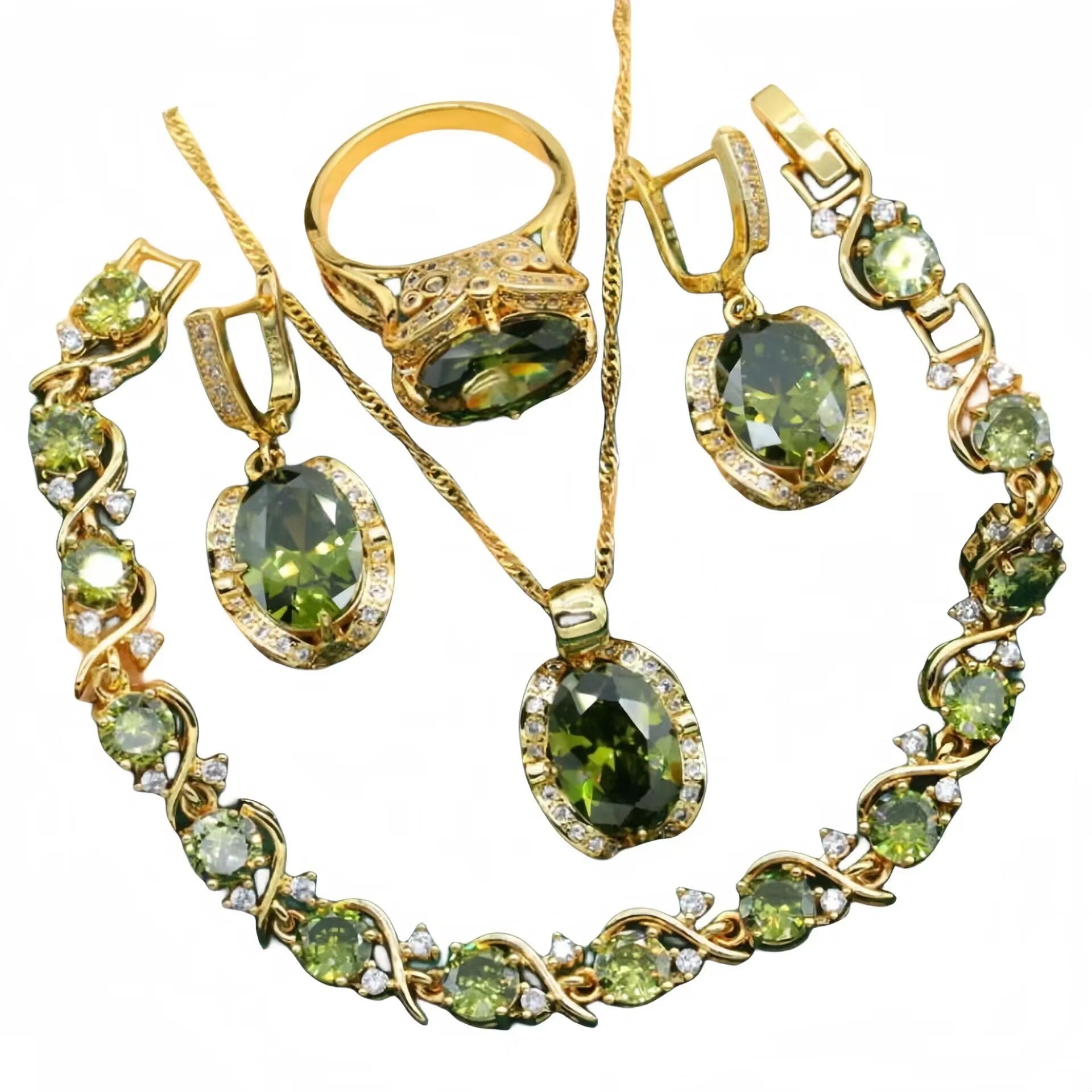 Complete women's rhinestone zircon jewellery set with snake bones chain necklace and matching earrings ring