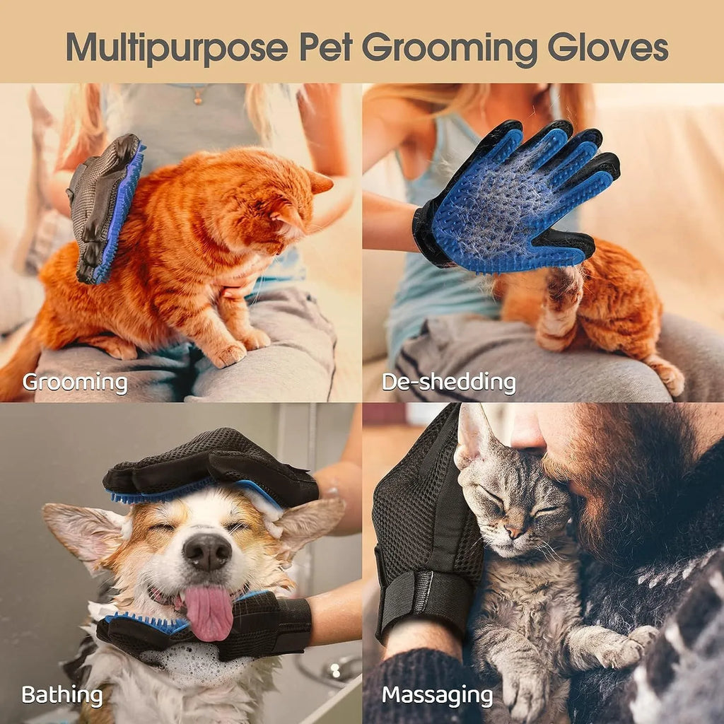 Blue silicone pet grooming gloves with silicone tips for removing hair from dogs and cats.