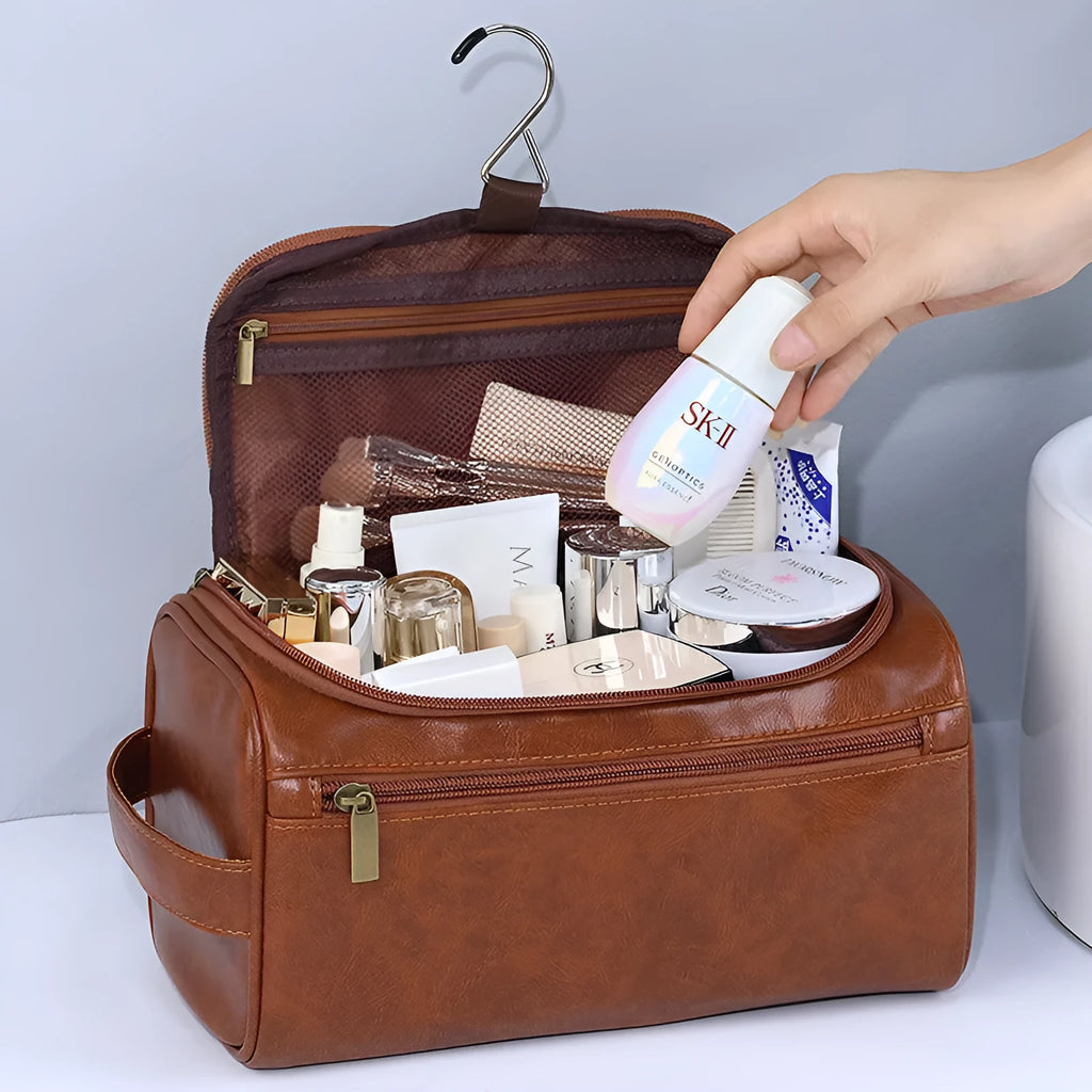 Waterproof PU leather cosmetic bag in retro style with large capacity for skincare and makeup storage