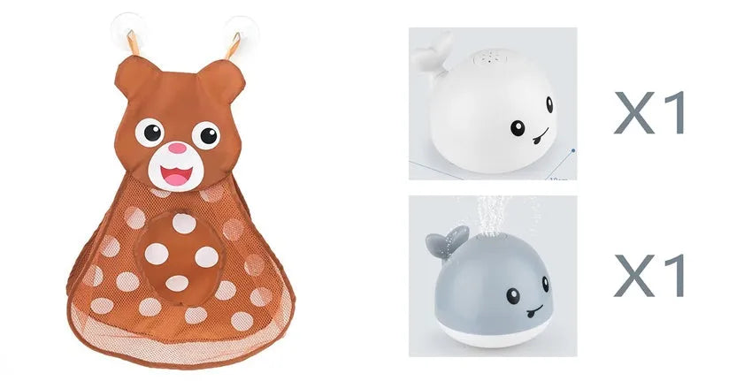 Electric whale bath toy spraying water with flashing LED lights in baby bath