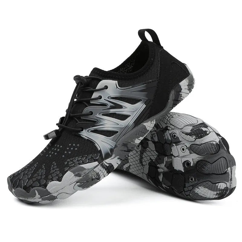Men's and women's quick-drying mesh wading shoes in various colours on a non-slip rubber sole.