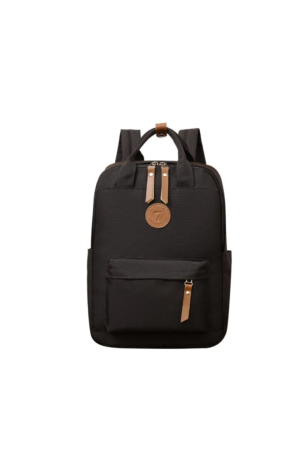 Black Oxford cloth leisure backpack with curved shoulder straps and retro sewing thread detailing