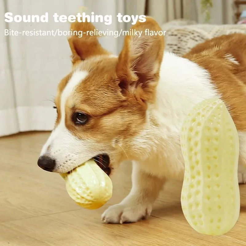 Yellow rubber and vinyl dog toy for small dogs, elastic chew toy with sound for teeth cleaning and boredom relief