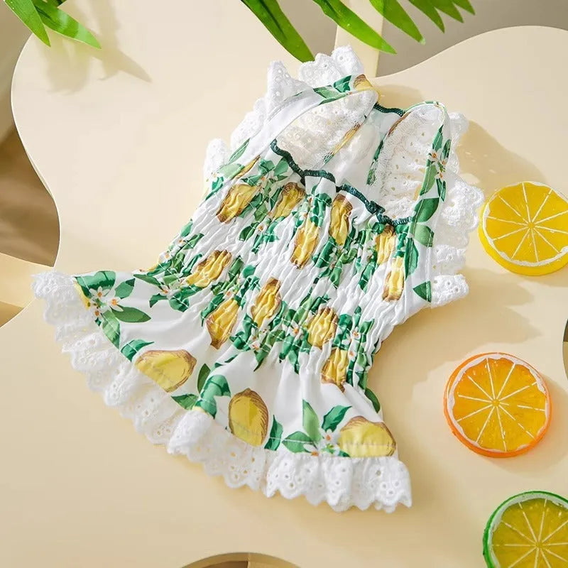 Rock yellow lemon dog dress with thin breathable straps and skirted princess style