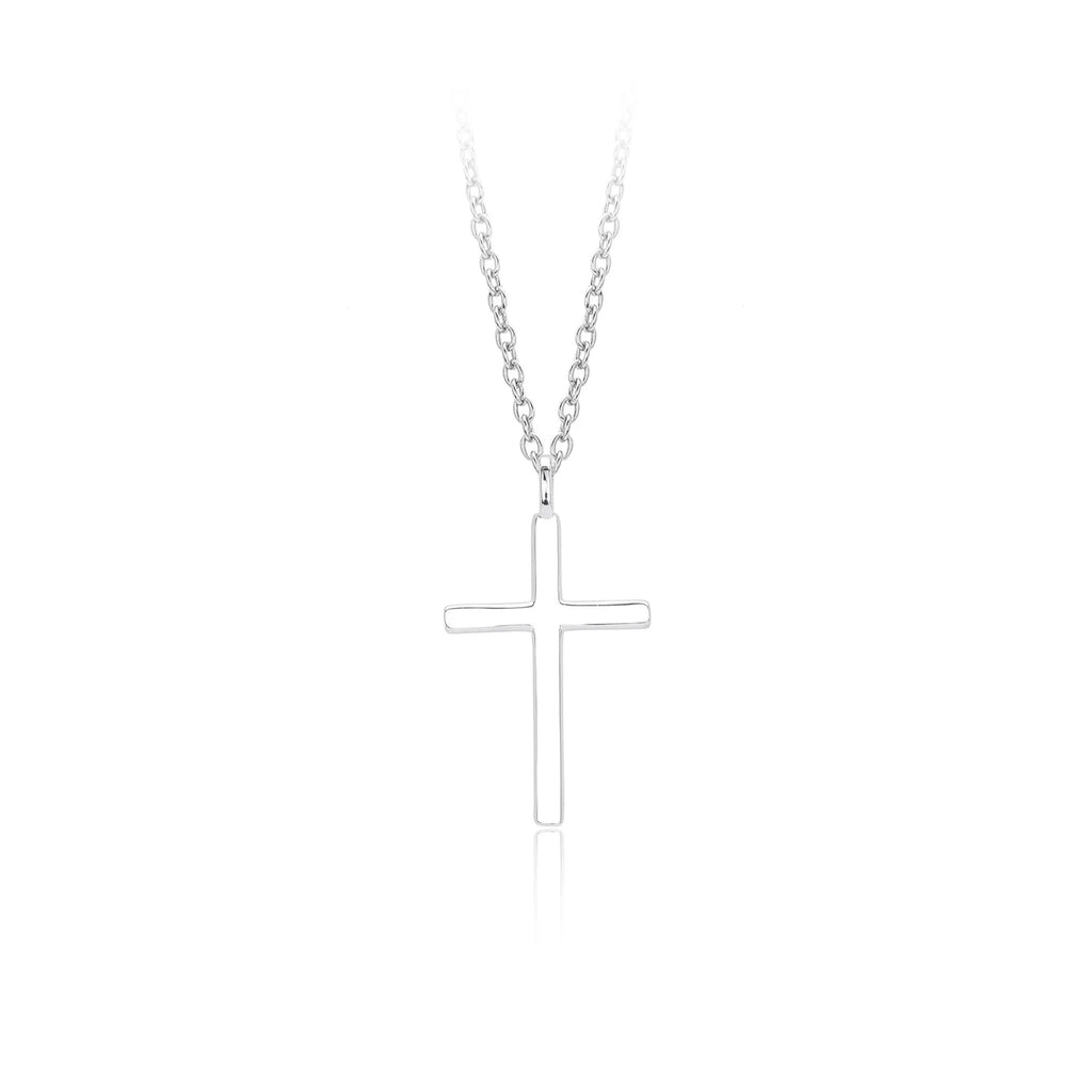 Sterling silver cross pendant necklace on an adjustable O-chain in gold, platinum, or rose gold plating.