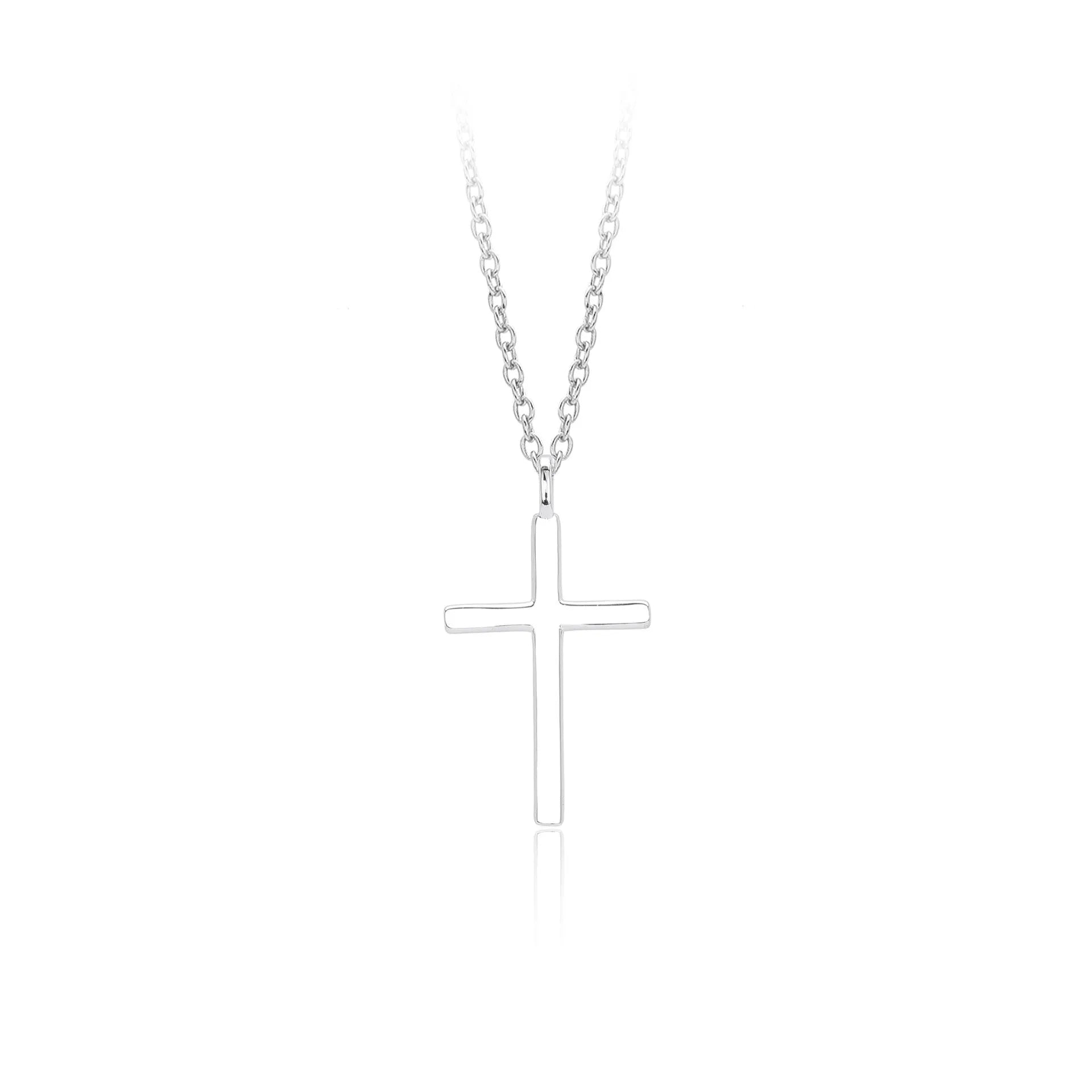 Sterling silver cross pendant necklace on an adjustable O-chain in gold, platinum, or rose gold plating.