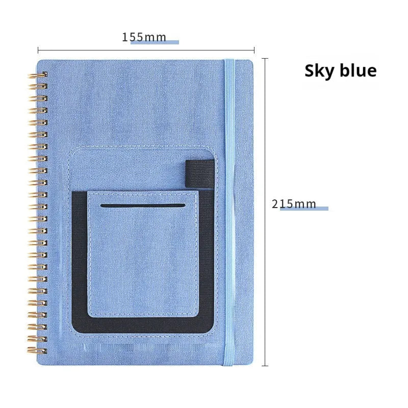 A5 erasable coil notebook with stone paper, open to show reusable pages and included pen, with custom cover options displayed.