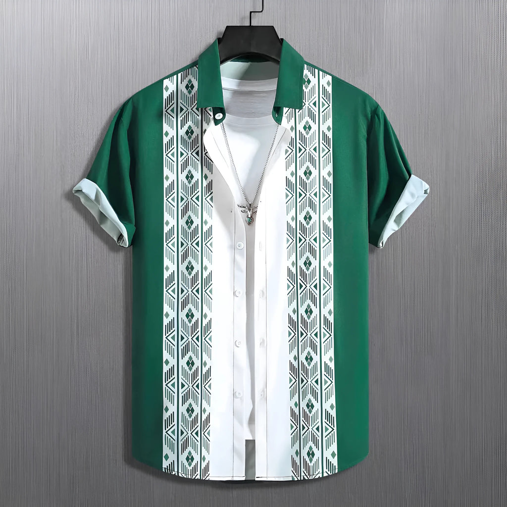 Men's plaid short-sleeved cardigan shirt in a contrast colour, loose fit, on a hanger.
