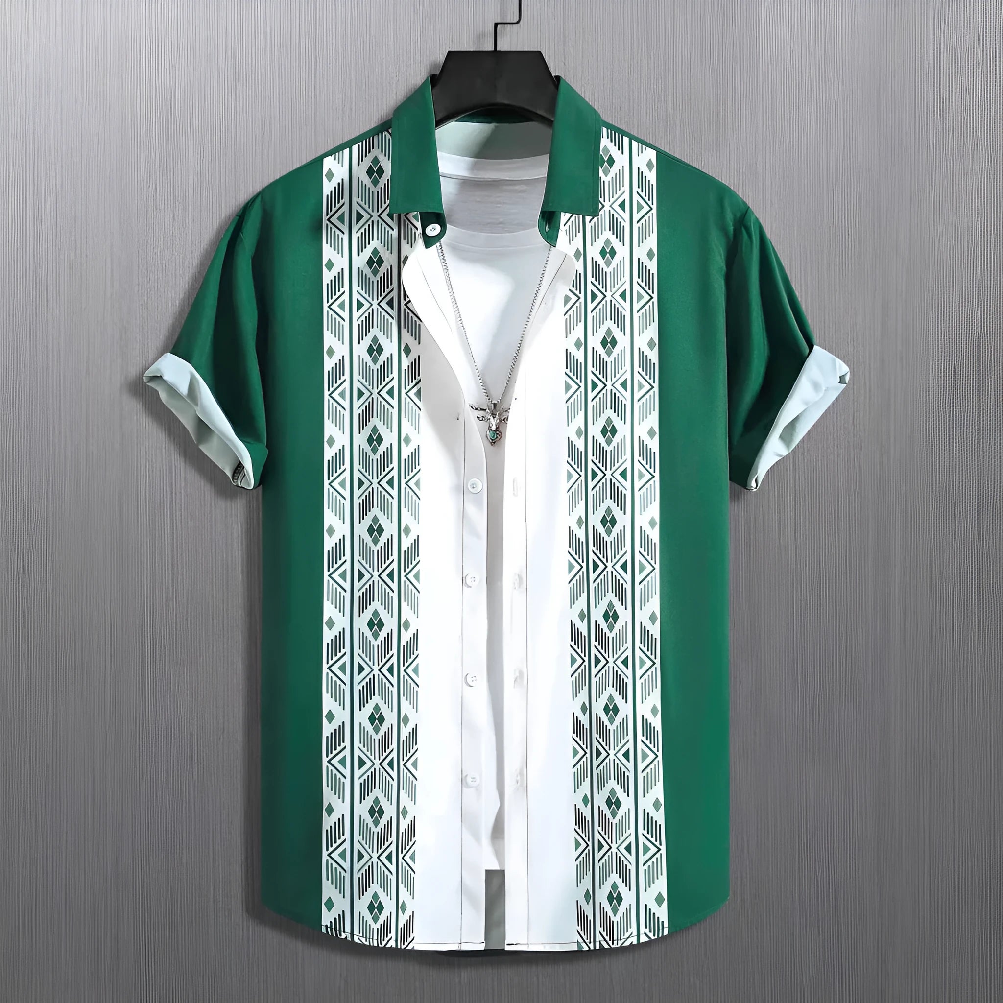 Men's plaid short-sleeved cardigan shirt in a contrast colour, loose fit, on a hanger.