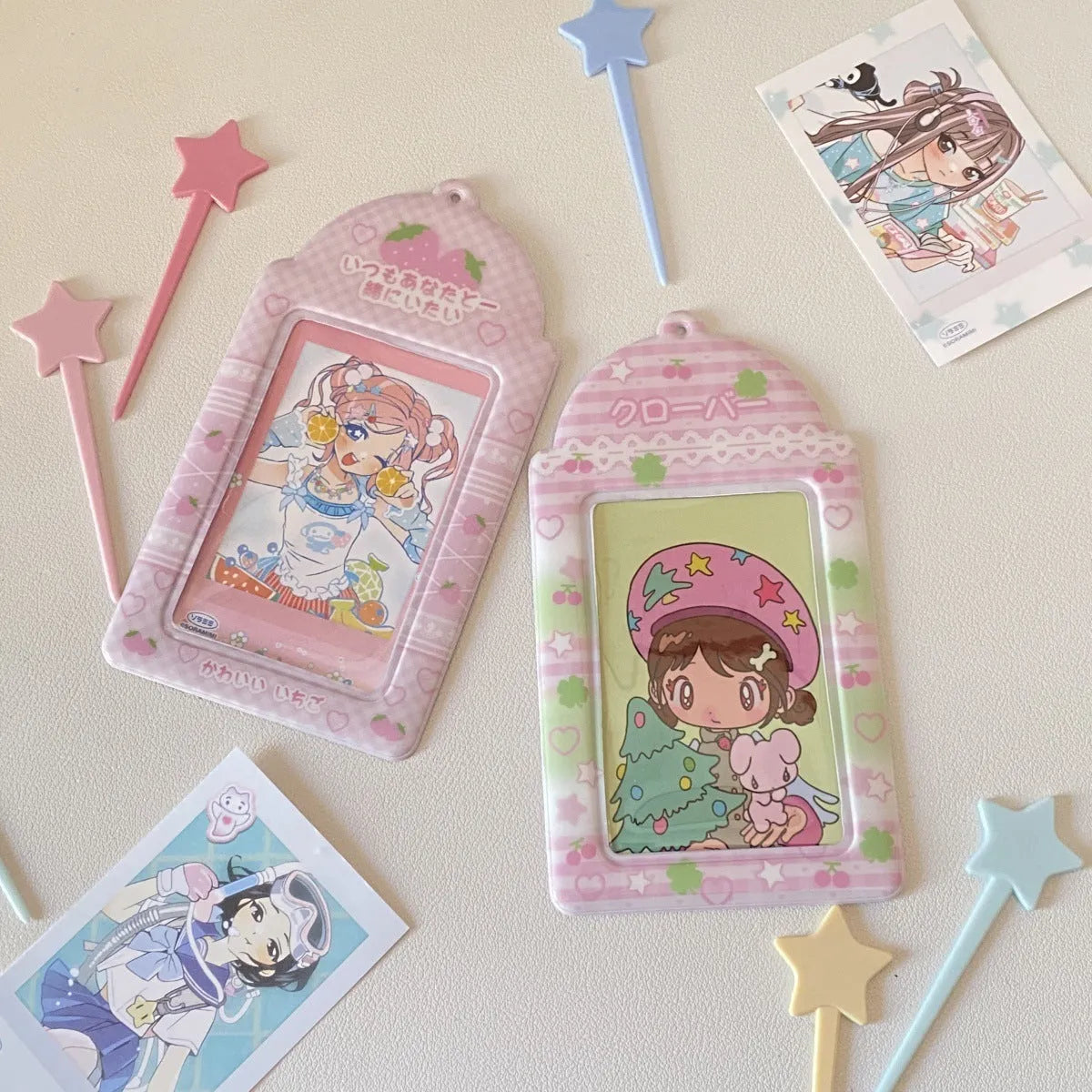 Cartoon strawberry design clear PVC card holder for 3-inch ID badges and passes.
