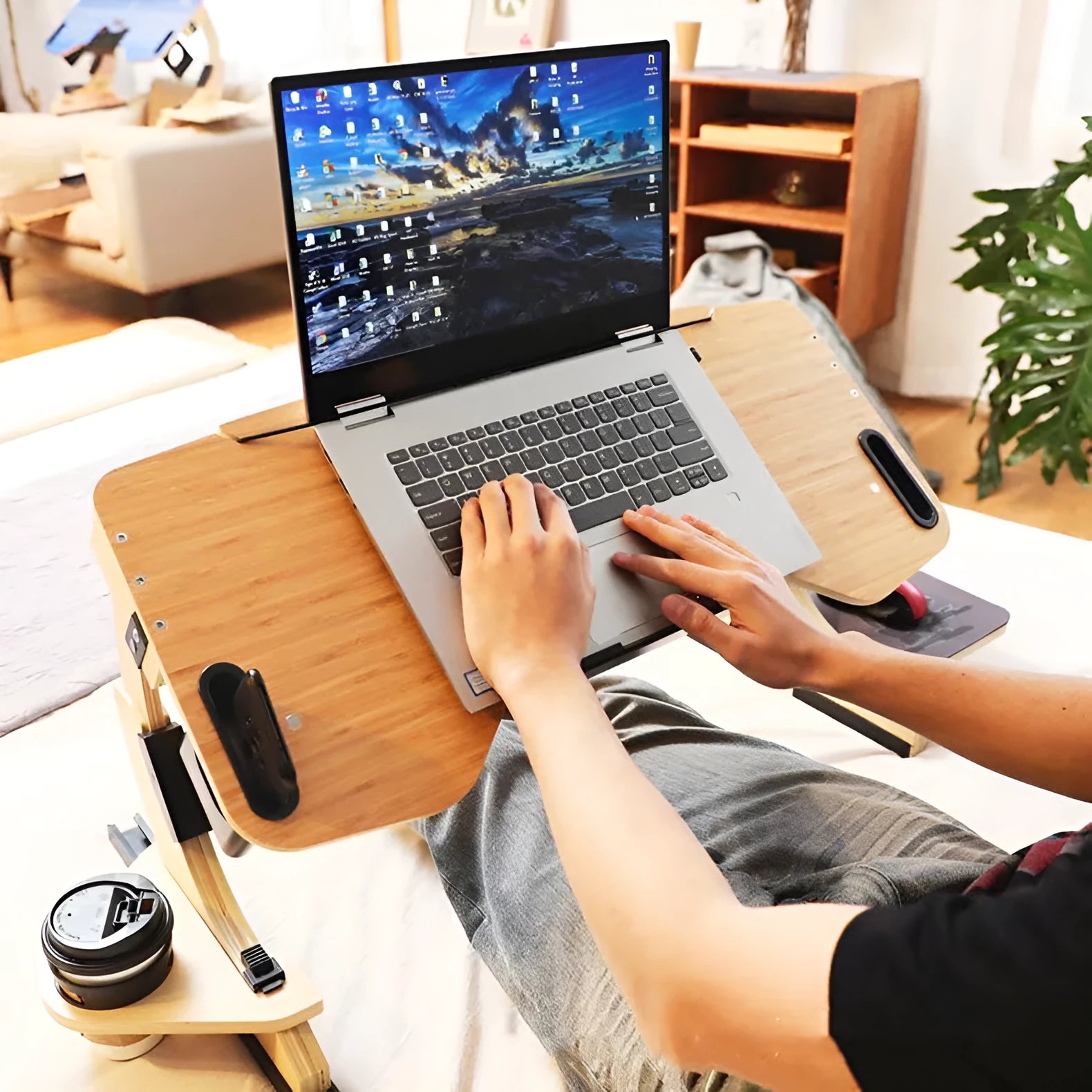 Wooden folding computer table with adjustable angle for bed use in white maple colour